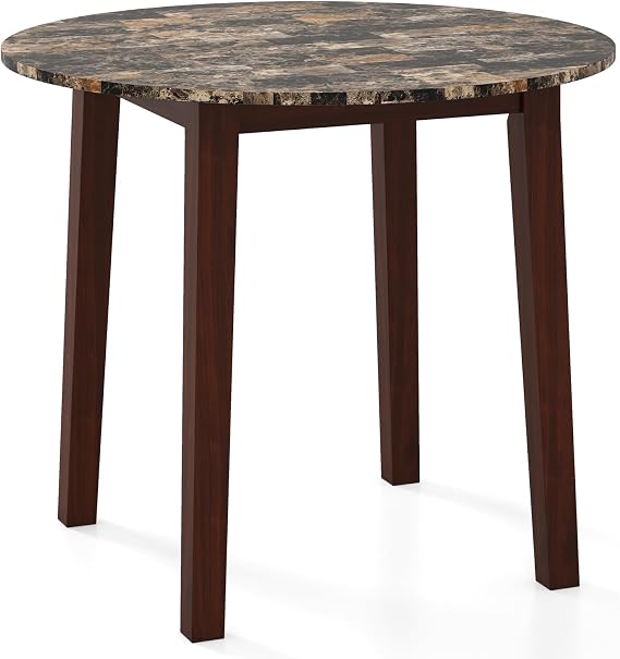 Giantex 35 Round Dining Table with Rubber Wood Legs, Marble-Textured Veneer Tabletop, Leisure Kitchen Table for 2 to 4 Person, Dinette, Living Room, Brown