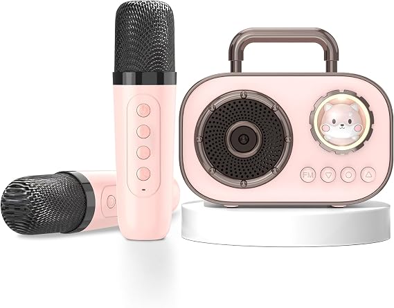 Mini Karaoke Machine for Kids Adults, Fun Portable Bluetooth Speaker with 2 Wireless Microphones, Stereo Sound Enhanced, Rich Bass, Cute Music Toys for Girls and Boys Ages 3-12 to Sing Loudly