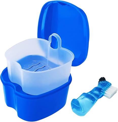 Denture Box Cleaning Set with Denture Brush Denture Box Prosthesis Container with Hanging Strainer Portable Denture Box Braces Box Storage Box (Blue)