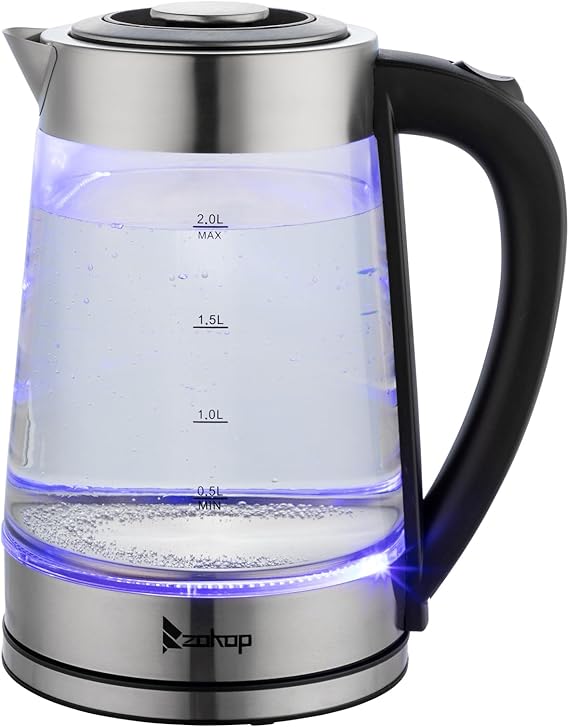 2L Multi-Use Electric Glass Kettle,Electric Glass Kettle, 2L Water Kettle with Blue LED Lighting, Fast Boil Quiet Clear Kettle, Boil-Dry & Overheat Protection, BPA Free, 2000W