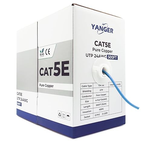 YANGER CAT5e Ethernet Cable 500ft, Bulk Cat5e Wire, 24AWG Solid UTP Unshielded Ethernet Cable RJ45, Easy Pull Box High-Speed Network for Data Center/Office/Smart Home Devices, Blue