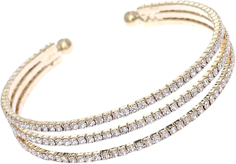 Crystal Bracelet for Women Rhinestone Cuff Bracelet Silver & Gold Plated - Flexible & Adjustable Three Row - Bridal, Wedding, Prom, Party, Pageant, Evening, Casual, Bracelet - with Gift Box