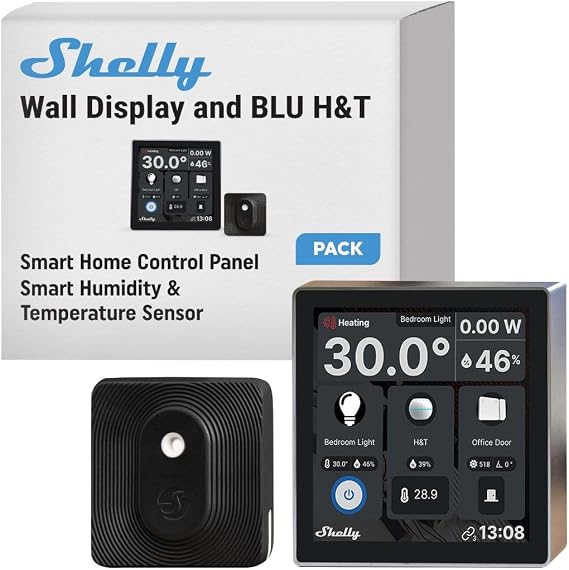 Shelly Wall Display Black + Blu H&T Black (Bundle), Wi-Fi Smart Home Control Panel, Thermostat, Integrated 5A Relay, Neutral Conductor Required, Environmental Data, Control Panel, Alexa & Google Home