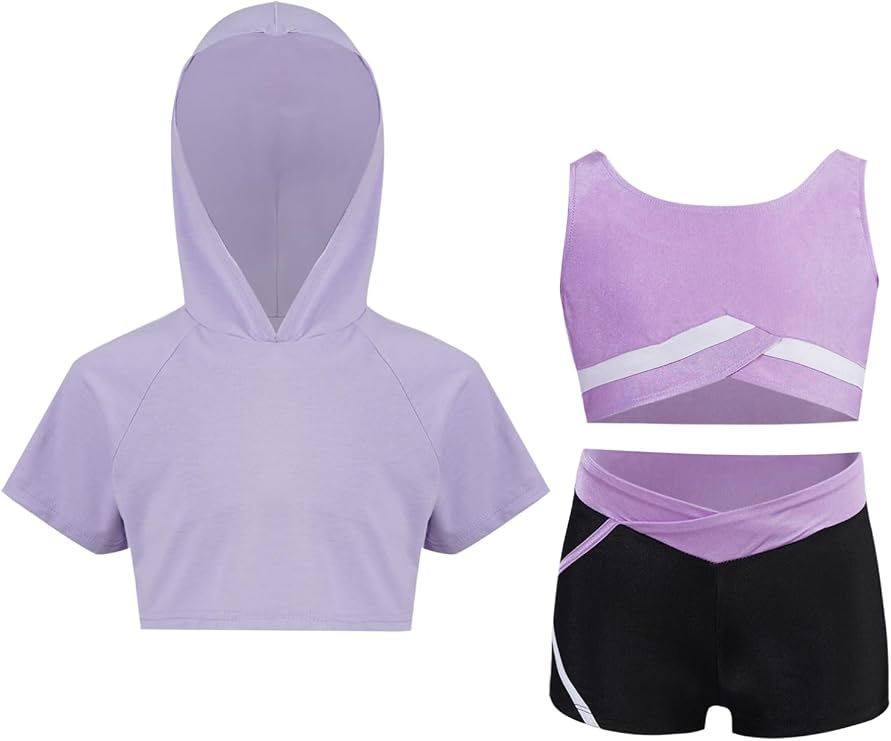 YiZYiF Kids Girls 3pcs Dance Gymnastic Outfit Athletic Tracksuit Short Hooded with Tank Top Active Shorts Set