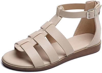 Womens Summer Leather Adjustable Ankle Straps Flat Sandals With Back Zipper Open Toe Comfortable Non-Slip Beach Sandals For Women