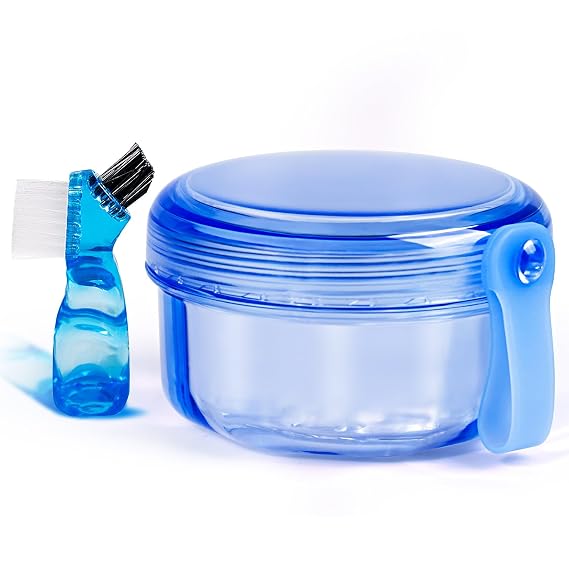 Leak Proof Portable Denture Cleaning Cup, Holder for Retainer & Night Guard, Transparent Blue, Travel Home Office
