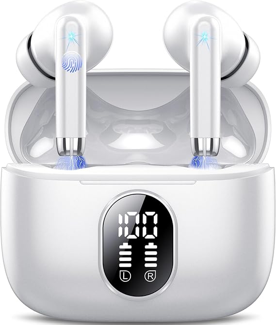 QXQ 2026 New Wireless Earbuds, Bluetooth 5.4 Headphones HiFi Stereo with 4 ENC Mic, 40H Mini Ear Buds in-Ear Noise Cancelling Earbuds with LED Screen, Light Bluetooth Earphones for Android iOS, White