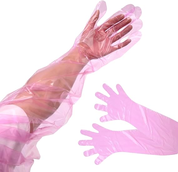 Anxingo 50Pcs Disposable Plastic Veterinary Insemination Rectal Long Arm Gloves for Field Dressing Gutting 35 inch Length