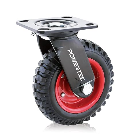 POWERTEC 8 Inch Caster Wheels, Heavy Duty Swivel Plate Casters with Rubber Knobby Tread for Workbench, Dolly, Cart, Trolley, Wagon, Toolbox and Chicken Coop, Large Rubber Castor Wheels, 1PK (17051V)