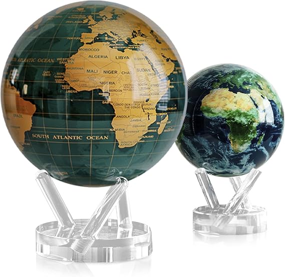 MOVA Green and Gold + Earth with Clouds Globe Bundle 8.5" & 4.5" Rotating Solar-Powered Globes | No Batteries or Cords | Modern Meets Natural Decor Set