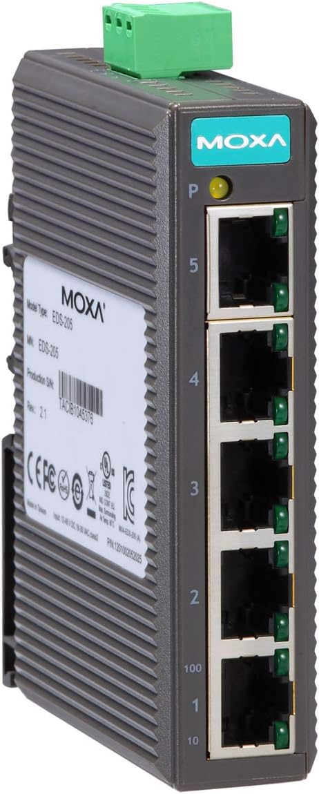 EDS-205 - Moxa 5 Port Entry Level unmanaged Ethernet Switch w/(5) 10/100BTX Ports (Plastic housing) (Power Supply not Included).