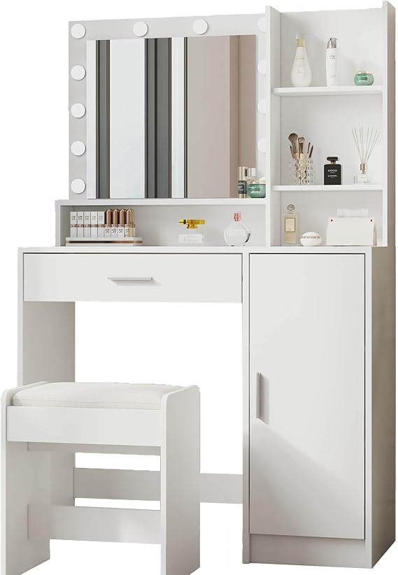Vanity Desk with Mirror and 12 LED Lights, Makeup Vanity with Large Drawer, Shelves, Cabinet, 35" W Vanity Set for Apartment, Bedroom, Dormitory, 3 Lighting Modes Adjustable Brightness, (White+Stool)