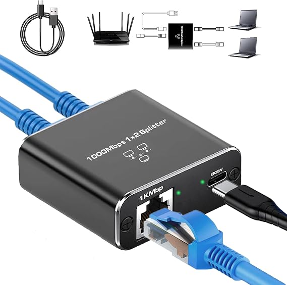 Gigabit Ethernet Splitter 1 to 2 High Speed(2 Devices Simultaneously Networking),1000Mbps Internet Splitters 1 in 2 out, LAN Splitter with USB Power Cable, RJ45 Splitters for Cat5/5e/6/7/8 Cable