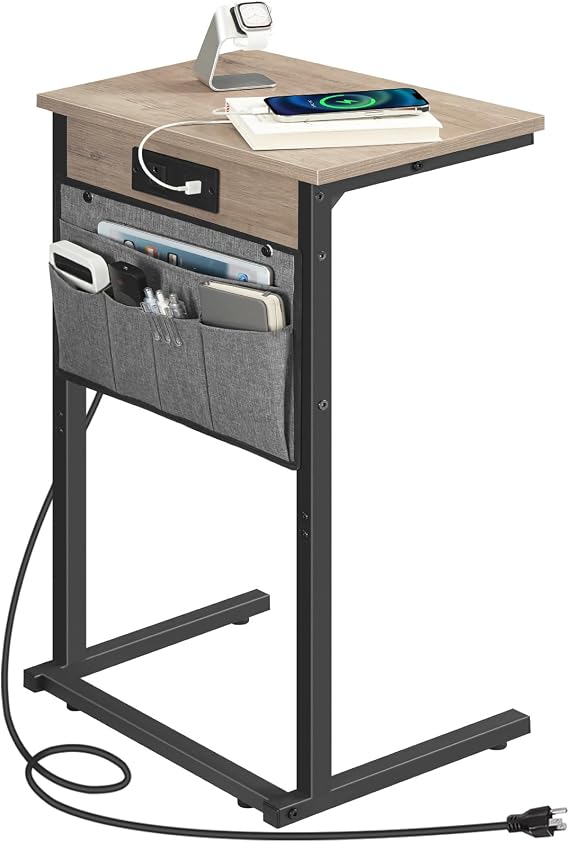 HOOBRO C Shaped End Table with Charging Station, Slide Under Couch Table