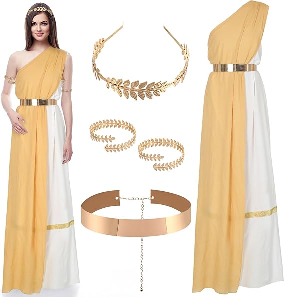 Haull 5 Pcs Golden Toga Costume for Womens Mythology Adult Athena Costume