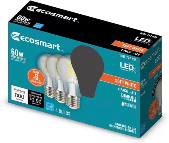 EcoSmart 60W LED Soft White Vintage A19 4-Pack
