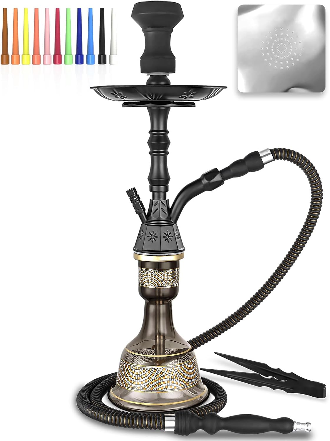 Hookah Set 23 Shisha Hookah Complete Set Egyptian Hookah With Glass Vase, Silk Hookah Hose, Black Clay Bowl, Coal Tong, 50 Hookah Foil, 50 Hookah Disposable Tips Matte black
