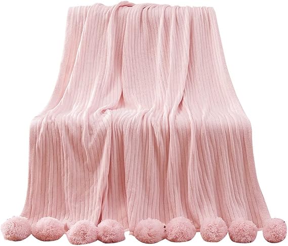 Knit Lightweight Solid Throw Blanket with Pom Poms Tassel 100 x 150 cm, Pink