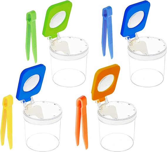 Magnifying Insect Viewer Box,4 Pcs Magnifying Insect Container with 4 Pcs Tweezers,Portable Insect Observation Box Bug Catcher for Kids Nature Exploration Science Learning
