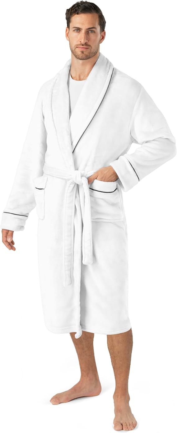 PAVILIA Soft Robe, Plush Warm Bathrobe for Men, Long Spa Bath Robe with Piping