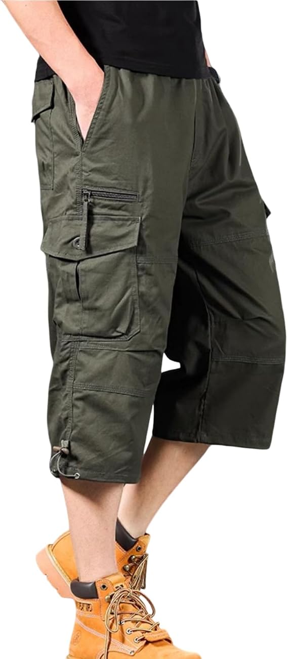 Cargo Shorts Men's 3/4 Length with 7 Pockets - 100% Cotton Casual Trousers with Elastic Waistband