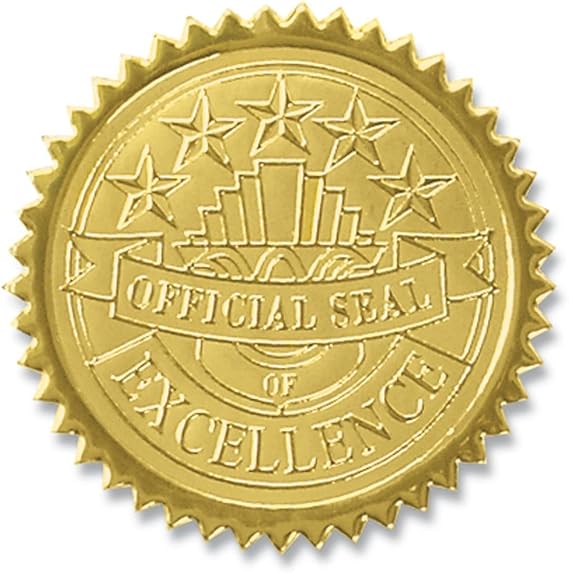 PaperDirect Official Seal of Excellence Embossed Gold Foil Certificate Seals, 2 Inch, Self Adhesive, 100 Count, Embossed Seals for Certificates, Achievement Award Stickers for School, Work, Diploma