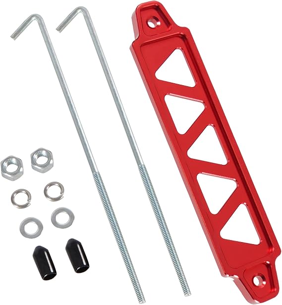 Battery Hold Down Bracket, Aluminum Alloy Battery Tie Down Bracket with Stainless Steel J bolts(Red,10 inch bolts)