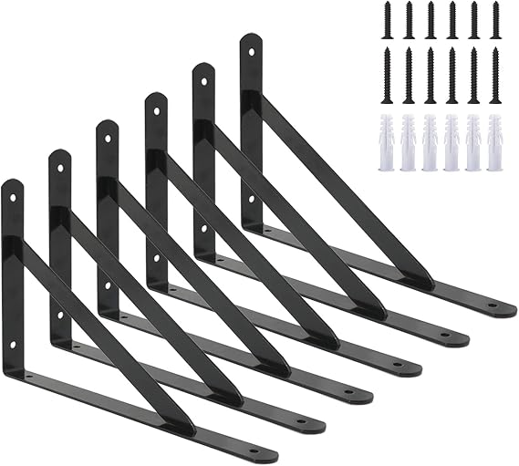 Black Shelf Brackets Heavy Duty with Screws 300mm 6 Pcs