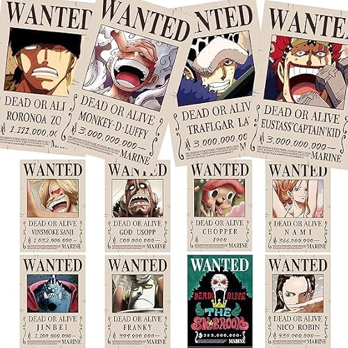 TREPKO 12PCS Anime One Piece Poster 7.8X11.2 inch New Bounty Wanted Edition Straw Hat Pirates Nika Luffy 3 billion Zoro Sanji Fifth Gear Luffy Gear 5, Kidd, Law, Wall Collage Kits