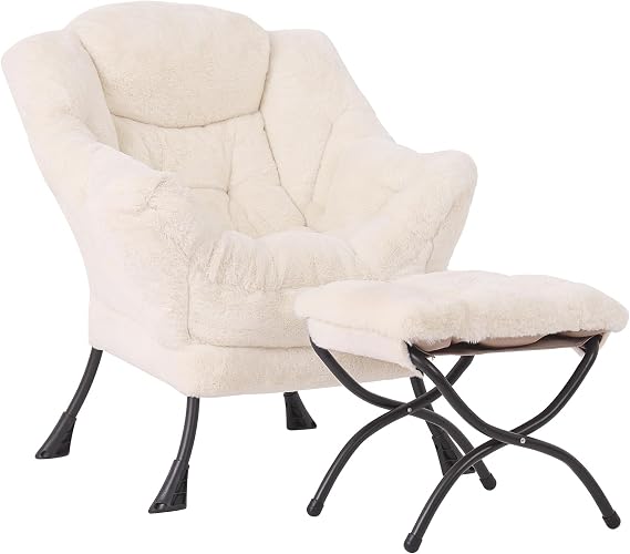 Armchair with Ottoman, Comfy Upholstered Lounge Reading Chair with Side Pocket and Armrests, Modern Bedroom Lazy Chair and Footstool Set for Living Room, Plush Beige