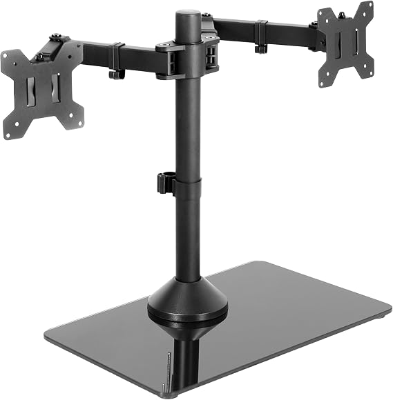 VIVO Freestanding Dual Monitor Stand with Sleek Glass Base and Adjustable Arms, Mounts 2 Screens up to 32 inch and 22 lbs Each, Black, STAND-V002FG | Articulating, Freestanding Adjustable Monitor Arm, Black with Glass Base, Computer Stand for 2 Monitors, Holds 22 lbs Each