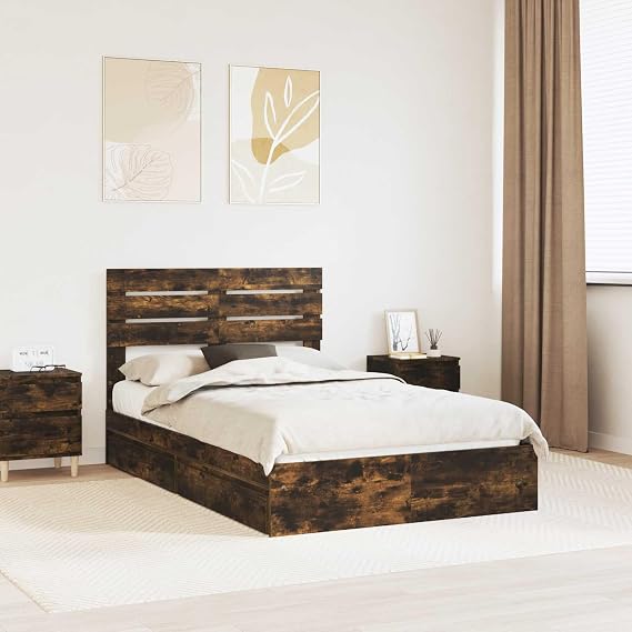 Storage Bed Frame with Drawer Smoked Oak Engineered Wood 135 x 190 cm Double Mattress Platform Base with Headboard for Bedroom Storage and Modern Style
