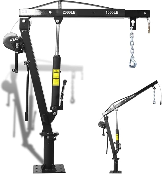 2000 lbs Folding Truck Crane with Hydraulic Winch, Heavy Duty Pickup Truck Bed Engine Hoist Jib Crane Truck Mounted Crane for Lifting Goods in Construction, Forestry, Factory, Black