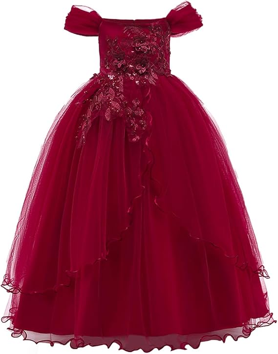 Flower Girl Off Shoulder Embroidery Lace Wedding Formal Dress for Kids Princess Pageant Birthday Party Dance Maxi Gown
