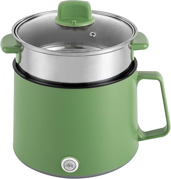 Electric Hot Pot Green Portable Hot Pot 1.7L Mini Electric Cooker Non-stick Cooking Pot with Steamer, 220V Multi-use Cooking Pot Steamer Electric Skillet for Shabu, Soup, Egg, Pasta
