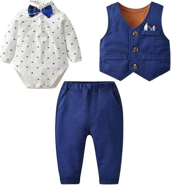 famuka Baby Boy 3 Piece Formal Outfit Suit with Bows Waistcoat Gentleman Tuxedo