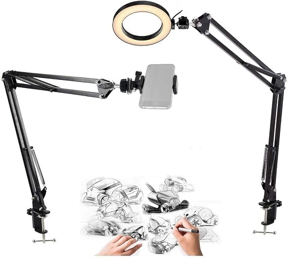 Phone Ring Light, 20cm Ring Light with 2 Suspension Arm Stand for iPhone/Samsung,Baking,Craft,Calligraphy,Drawing,Online Lesson,Video Recording