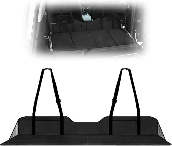 Car Backseat Extension, Foldable Flannel Mattress Extension with Storage Pockets, Portable Camping and Sleeping Panel, Easy to Install, Adjustable Fit for SUVs, MPVs &Compact Vehicles Black