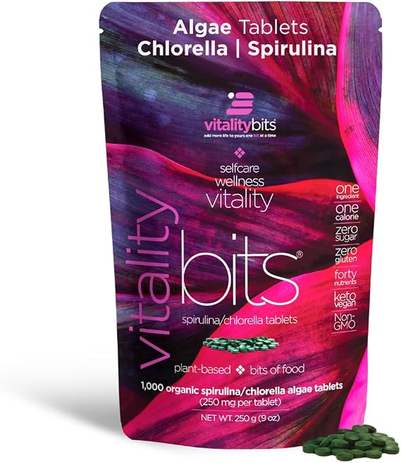 VITALITYbits Spirulina Chlorella Tablets, Organic Algae Blend, 1000 Tablets | Blending Spirulina Protein with Cracked Cell Wall Chlorella. Immunity, Protein, Detox, Cellular Energy - Vegan, Gluten Free.