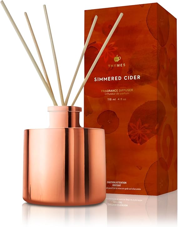 Thymes Petite Oil Reed Diffuser Set Includes Reed Diffuser Sticks, Fragrance Oil, Glass Bottle Luxury Home Decor Fall Decor Fall Scents Rose Gold (Simmered Cider, 4 fl oz)