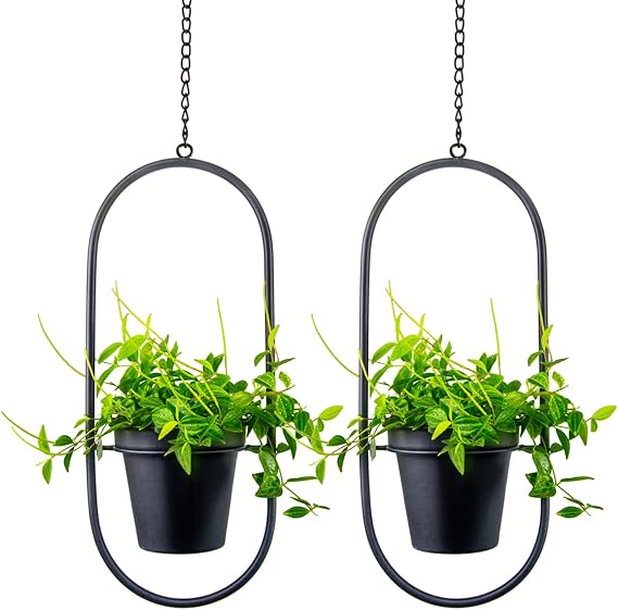 Modern Metal Hanging Planters with 5 Inch Pots - Set of 2 Oval Geometric Plant Hangers - Black Wall and Ceiling Mount Flower Holders for Indoor and Covered Outdoor Houseplants