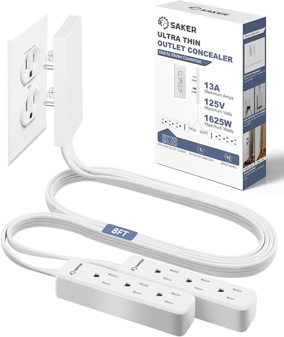 Saker Dual 8ft Flat Extension Cord Outlet Cover, 3 Outlets, White