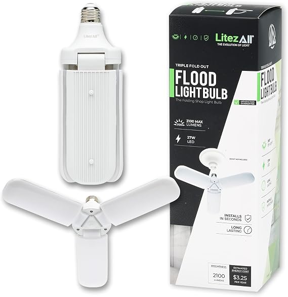 LitezAll Folding LED Work Light with 3 Adjustable Panels, A/C Powered for Garage, Shop, Basement, or Indoor Use, Ultra Bright Multi-Angle with Compact Foldable Design