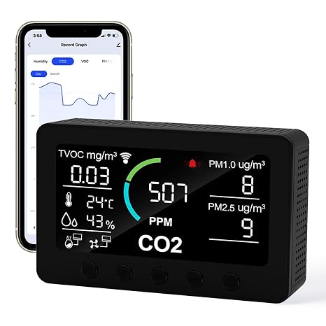 12 in 1 Air Quality Monitor Indoor, with WiFi and APP,Air Quality Tester for Home,Air Quality Meters for CO2,TVOC,PM1.0,PM2.5,AQI,Temperature and Humidity,Detector for Home,Office (Black)