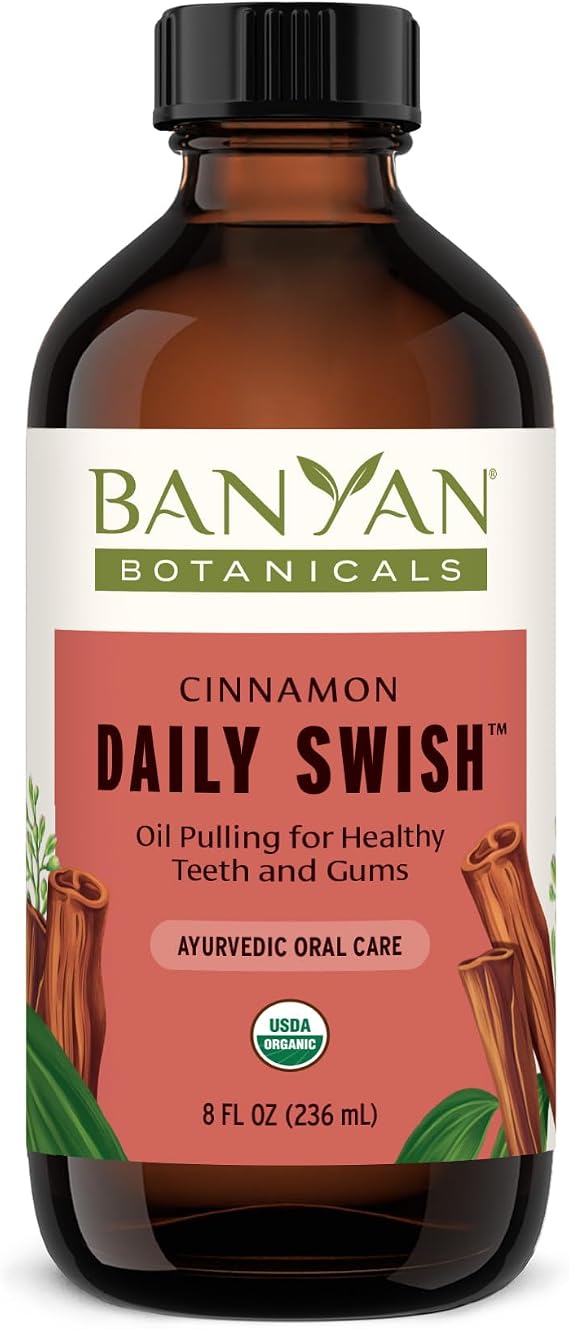 Banyan Botanicals Organic Cinnamon Daily Swish Ayurvedic Oil Pulling Oil with Coconut & Sesame Mouthwash for Gum Vitality & Fresh Breath with Clove & Triphala 8 oz USDA Organic