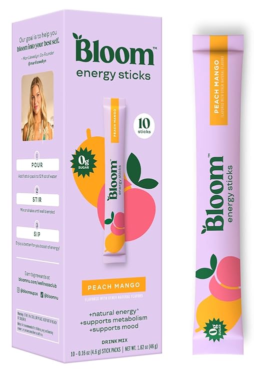Bloom Nutrition Energy Drink Powder Packets, Peach Mango, 10 Count