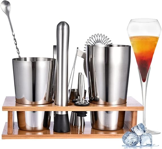 11 Pieces Boston Bar Bartender Kit Cocktail Shaker Stainless Steel Set with Sleek Bamboo Tray