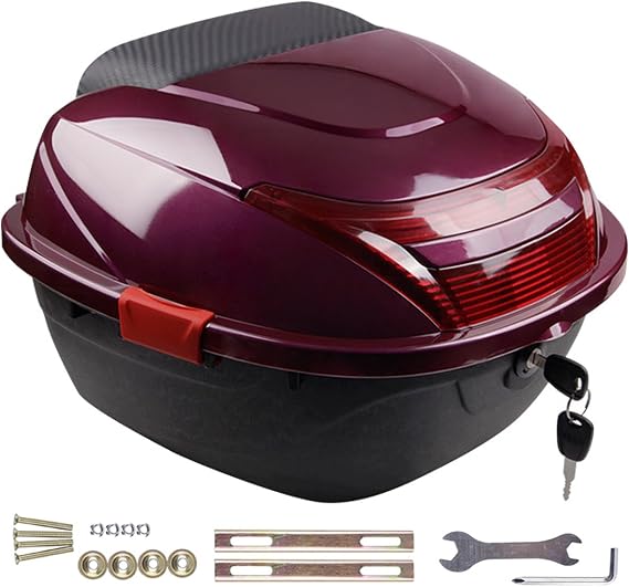 35L Motorcycle Top Case, Motorcycle Trunk Tail Box Luggage Top Lock Waterproof Storage Carrier Plastic Case with Backrest, Universal Mounting for Helmet Luggage,Purple