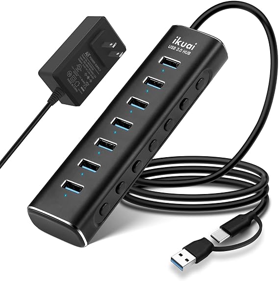 Powered USB 3.0 Hub, ikuai 7-Port 3.0 Data Aluminum USB Hub Splitter with 24W AC Adapter and 3.3ft Extended Long Cable for PC, Laptop, PS4, HDD, Flash Drive
