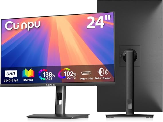 CUNPU 24" 4K UHD Professional USB-C Monitor, 100% sRGB/DCI-P3, E2 Color Accuracy, 185 PPI Pixel-Perfect Clarity, for Mac Laptop Screen Extender, HDMI/DP, Built-in Speakers, Ergonomic Stand